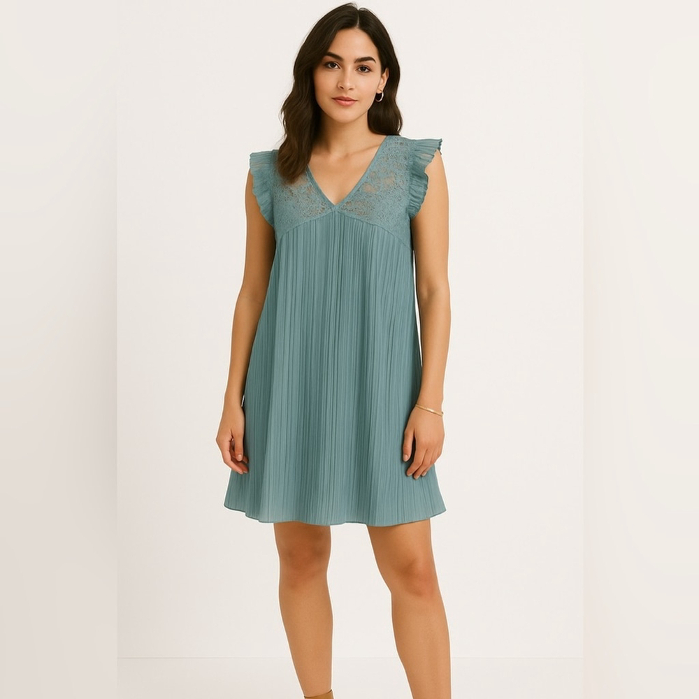 Umgee Women's Medium Teal Pleated Lace Trim Dress Elegant Summer Mini